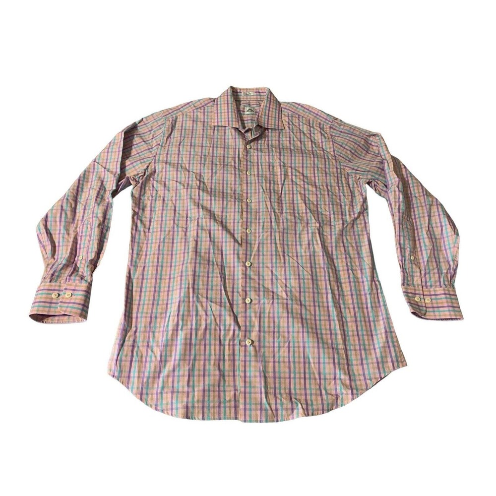 Peter Millar Shirt Men's Large Pink Purple Teal Check Button Down Long Sleeve